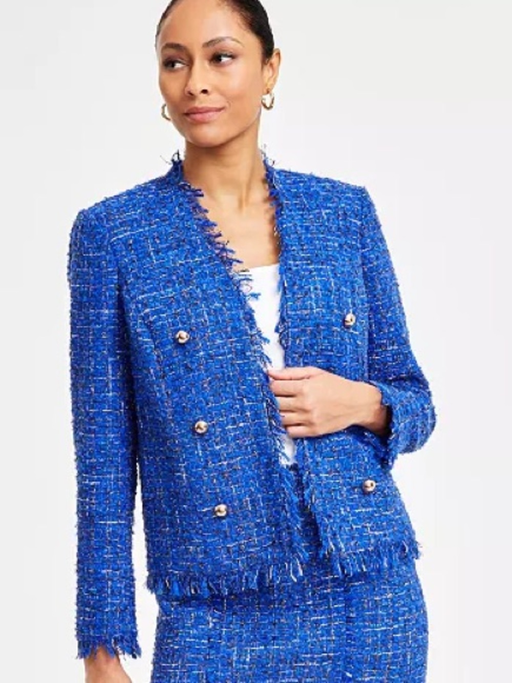 INC International Concepts Wool Blend Blue Collarless Tweed Blazer Size Large